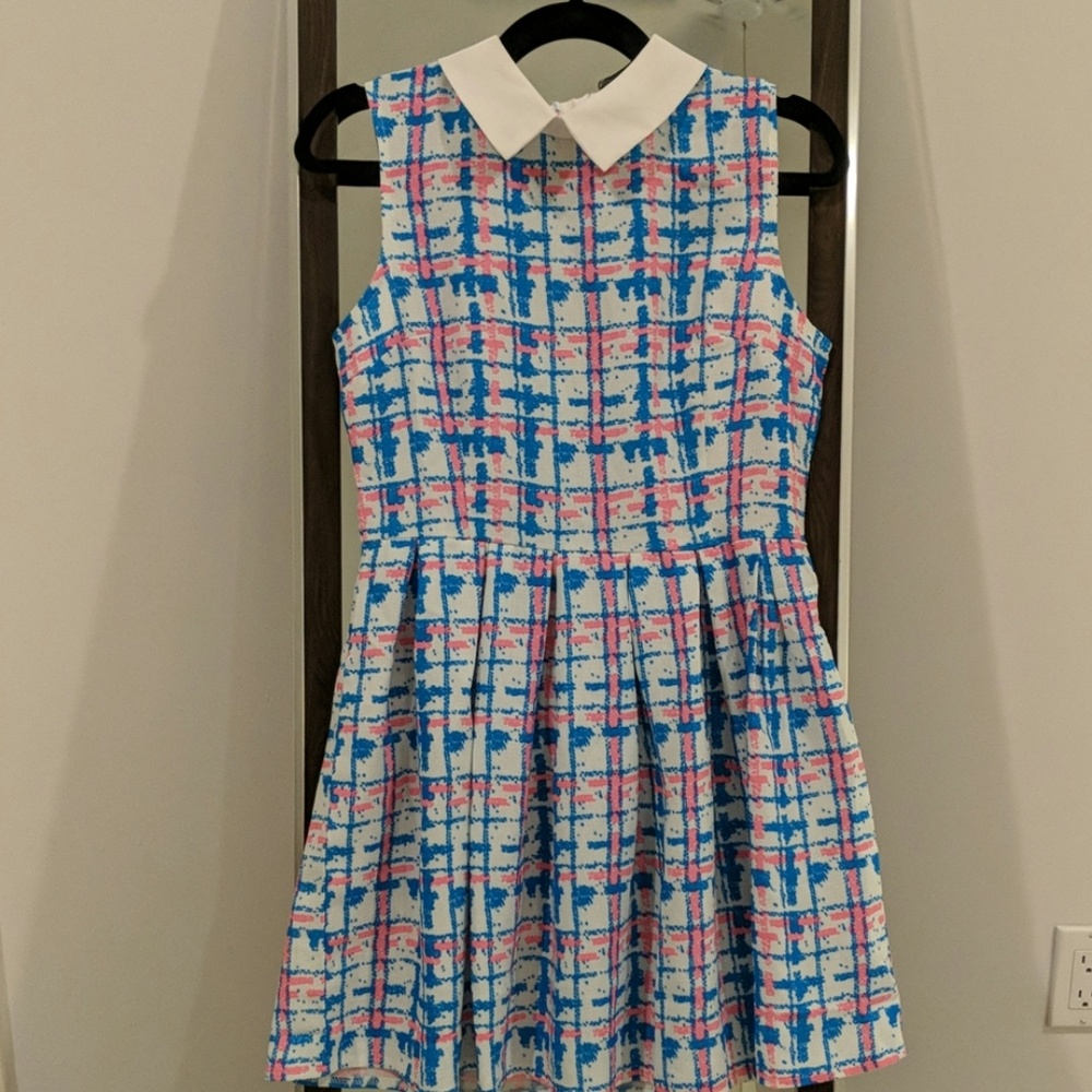 Pink & blue skater dress with collar